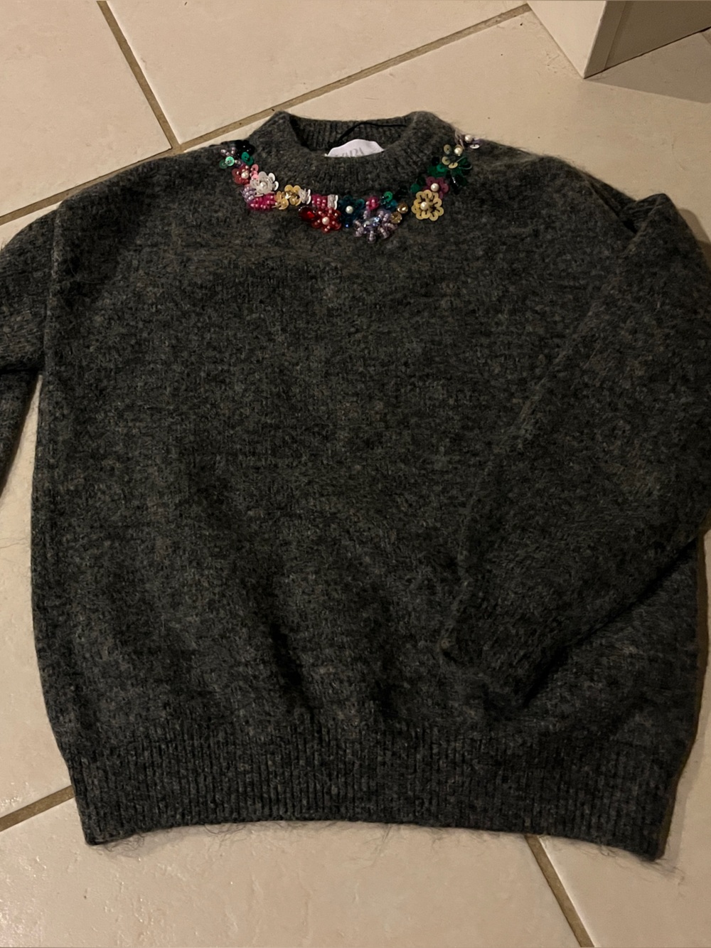 Zara Dark Gray Crewneck Sweater with Multicolor Neck Embellishments